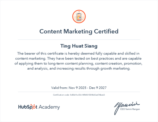 HubSpot Academy - Content Marketing Badge (Ting Huat Siang)