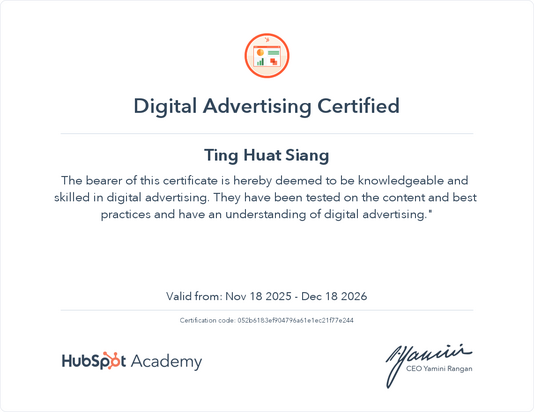 HubSpot Academy - Digital Advertising Badge HubSpot Academy - Digital Advertising Badge (Ting Huat Siang)