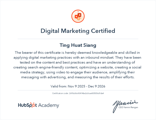 HubSpot Academy - Digital Marketing Badge HubSpot Academy - Digital Marketing Badge (Ting Huat Siang)