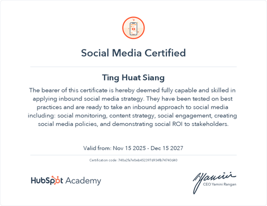 HubSpot Academy - Social Media Marketing Badge HubSpot Academy - Social Media Marketing Badge (Ting Huat Siang)
